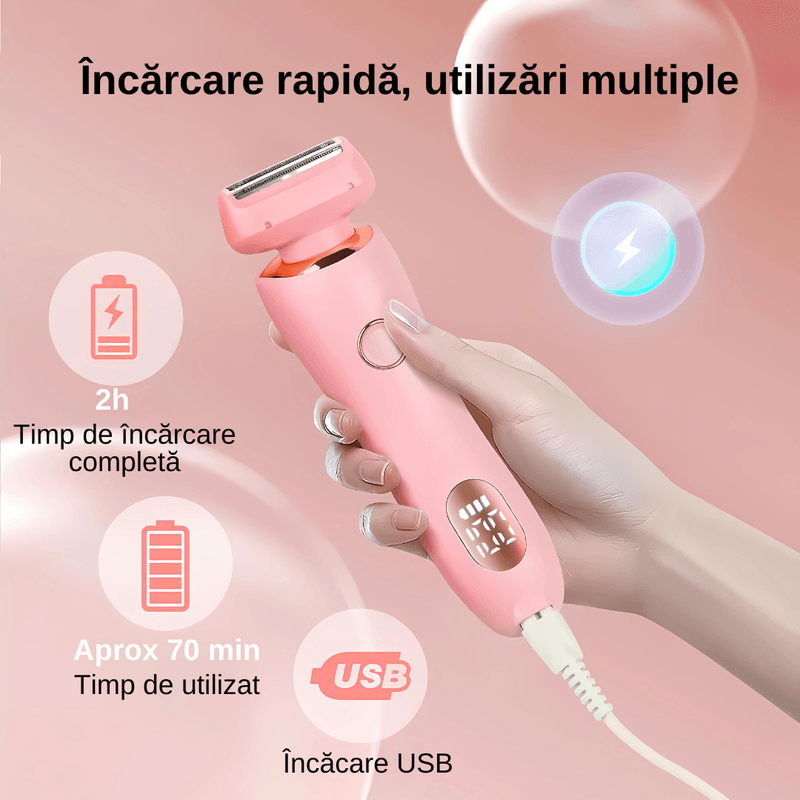Ingrijire personala si Cosmetice - Aparate & accesorii ingrijire personala - Aparate de ras si tuns - Aparate de ras electrice - Aparat de ras electric 2 in 1 pentru femei, rezistent la apa IPX7, ecran LCD, capacitate baterie 800mAh, Roz - Infinity.ro