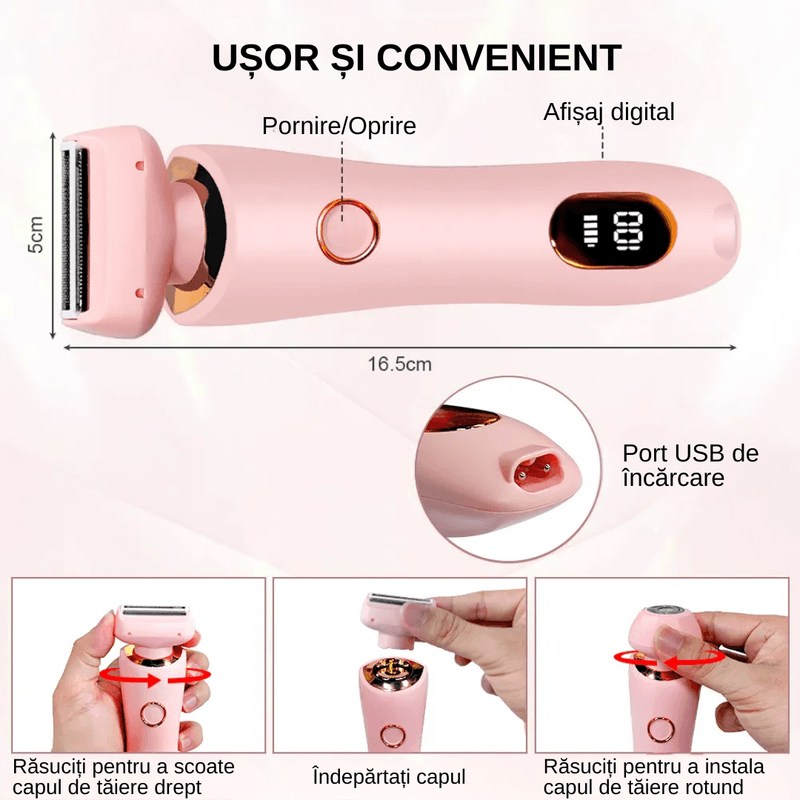 Ingrijire personala si Cosmetice - Aparate & accesorii ingrijire personala - Aparate de ras si tuns - Aparate de ras electrice - Aparat de ras electric 2 in 1 pentru femei, rezistent la apa IPX7, ecran LCD, capacitate baterie 800mAh, Roz - Infinity.ro