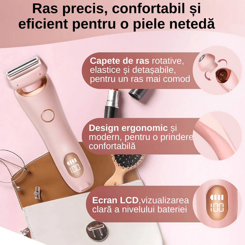 Ingrijire personala si Cosmetice - Aparate & accesorii ingrijire personala - Aparate de ras si tuns - Aparate de ras electrice - Aparat de ras electric 2 in 1 pentru femei, rezistent la apa IPX7, ecran LCD, capacitate baterie 800mAh, Roz - Infinity.ro