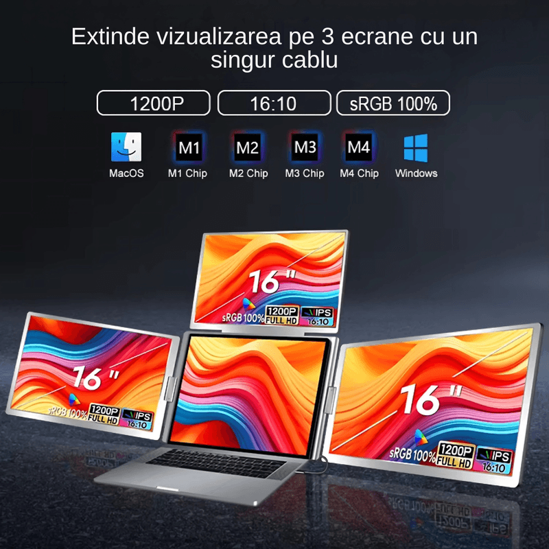 PC, gaming si accesorii - Desktop PC & monitoare - Monitoare - Extensie 3 ecrane pentru laptop, 3*16 inch, full HD, IPS, sRGB 100%, 1920*1200, USB Type-C/USB Type A - Infinity.ro