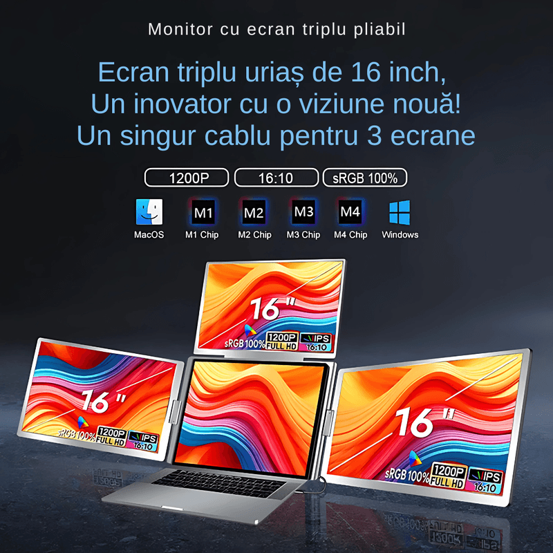 PC, gaming si accesorii - Desktop PC & monitoare - Monitoare - Extensie 3 ecrane pentru laptop, 3*16 inch, full HD, IPS, sRGB 100%, 1920*1200, USB Type-C/USB Type A - Infinity.ro