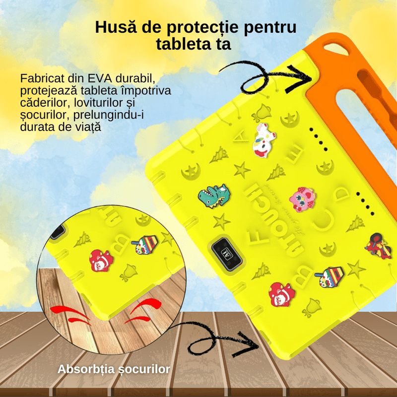 Laptop, Telefoane si Tablete - Tablete si accesorii tablete - Tablete - Tableta interactiva pentru copii cu husa silicon, 8 GB RAM, 256 GB ROM, camera dubla 8M/13M, 6000 mAh, Galben - Infinity.ro