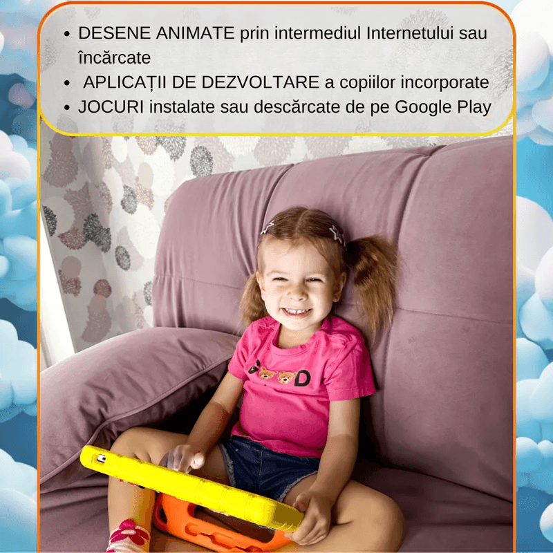 Laptop, Telefoane si Tablete - Tablete si accesorii tablete - Tablete - Tableta interactiva pentru copii cu husa silicon, 8 GB RAM, 256 GB ROM, camera dubla 8M/13M, 6000 mAh, Galben - Infinity.ro