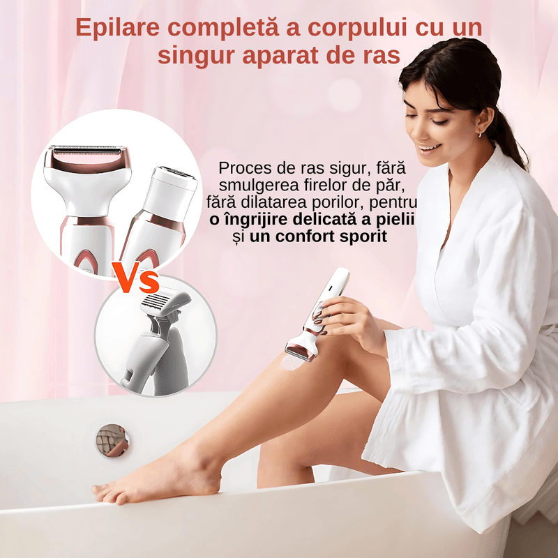 Ingrijire personala si Cosmetice - Aparate & accesorii ingrijire personala - Aparate de ras si tuns - Aparate de ras electrice - Aparat de ras electric 4 in 1, multifunctional, rezistent la apa IPX7, USB Type-C, 5V, 800mAh, alb cu roz, - Infinity.ro