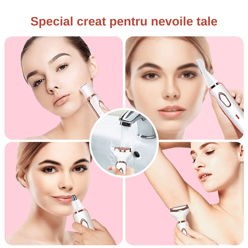 Ingrijire personala si Cosmetice - Aparate & accesorii ingrijire personala - Aparate de ras si tuns - Aparate de ras electrice - Aparat de ras electric 4 in 1, multifunctional, rezistent la apa IPX7, USB Type-C, 5V, 800mAh, alb cu roz, - Infinity.ro