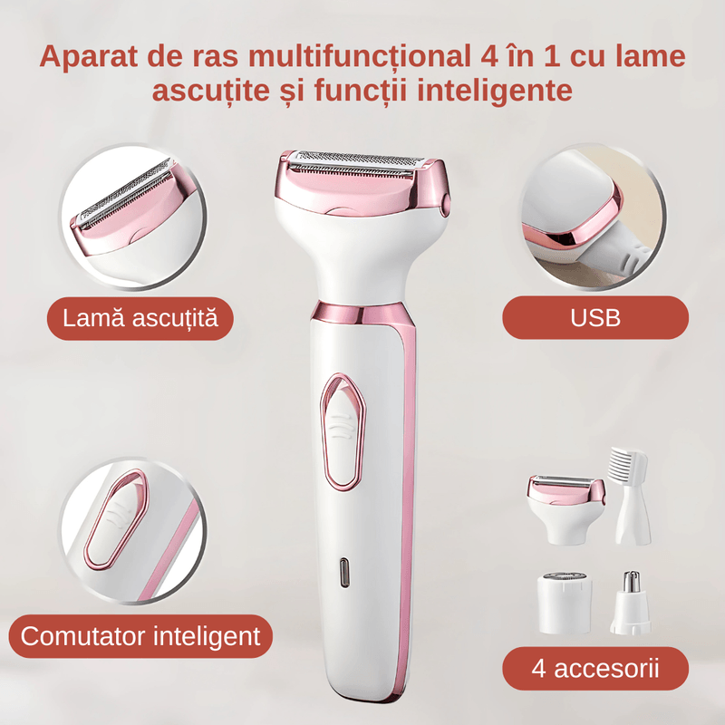 Ingrijire personala si Cosmetice - Aparate & accesorii ingrijire personala - Aparate de ras si tuns - Aparate de ras electrice - Aparat de ras electric 4 in 1, multifunctional, rezistent la apa IPX7, USB Type-C, 5V, 800mAh, alb cu roz, - Infinity.ro