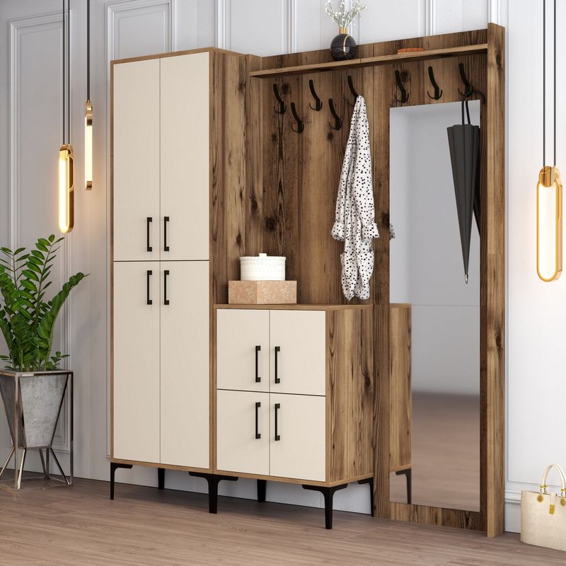 Casa si Gradina - Mobilier - Organizare si depozitare - Cuiere - Cuier hol, Hanah Home, pal melaminat, nuc, crem, 180x35x200 cm - Infinity.ro