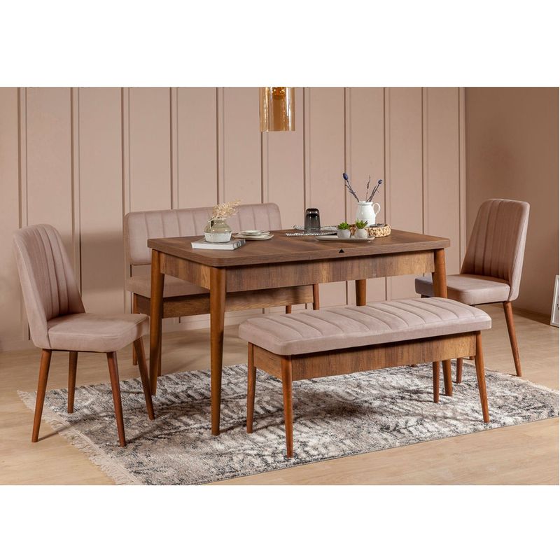 Casa si Gradina - Mobilier - Seturi de mobilier - Seturi mese si scaune - Set masa extensibila si scaune, Hanah Home, placa aglomerata melaminata, nuc si piatra, 130x80x77 cm - Infinity.ro