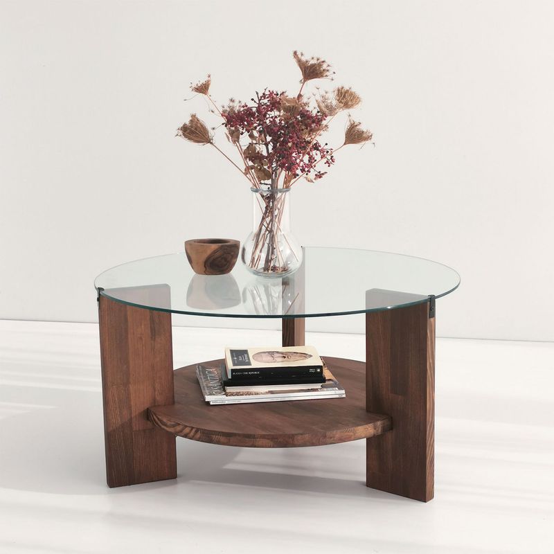 Casa si Gradina - Mobilier - Mese si birouri - Masute de cafea - Masuta de cafea, Hanah Home, lemn masiv si sticla, nuc, 75x75x40 cm - Infinity.ro