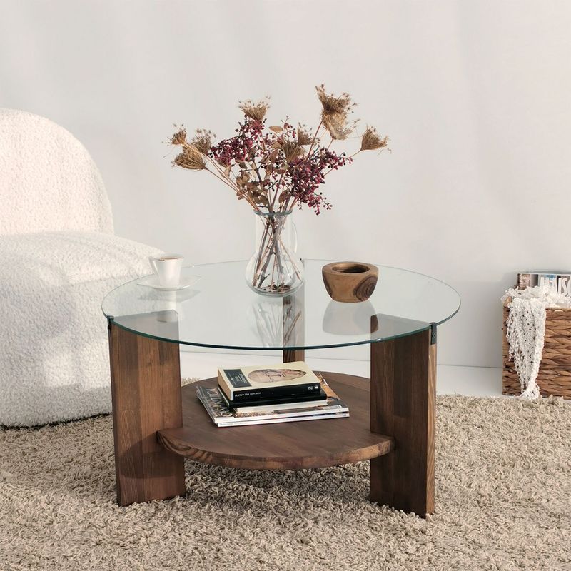 Casa si Gradina - Mobilier - Mese si birouri - Masute de cafea - Masuta de cafea, Hanah Home, lemn masiv si sticla, nuc, 75x75x40 cm - Infinity.ro
