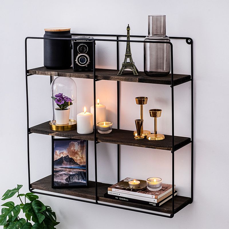 Casa si Gradina - Mobilier - Biblioteci si rafturi - Etajere - Etajera de perete, Hanah Home, lemn de molid si metal, negru si nuc, 60x60x15 cm, 491CRT1111 - Infinity.ro