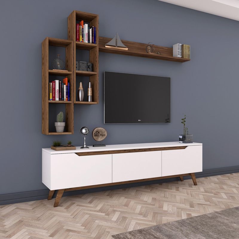 Casa si Gradina - Mobilier - Comode si corpuri - Comode - Comoda tv, Hanah Home, pal melaminat, alb si nuc, 180x48.6x35 cm - Infinity.ro
