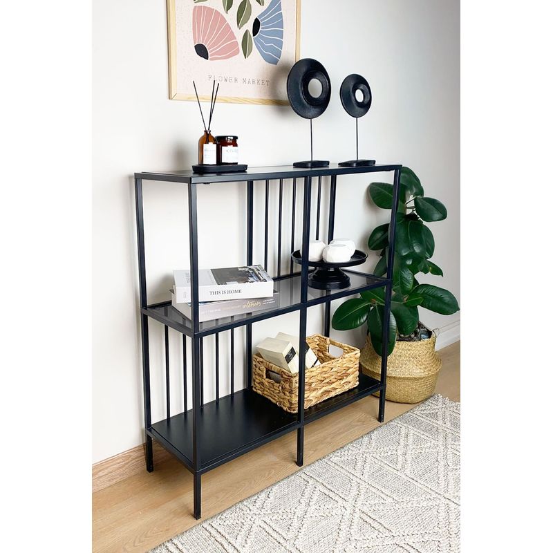 Casa si Gradina - Mobilier - Biblioteci si rafturi - Etajere - Etajera, Hanah Home, pal melaminat si sticla, negru si fum, 80x30x90 cm - Infinity.ro