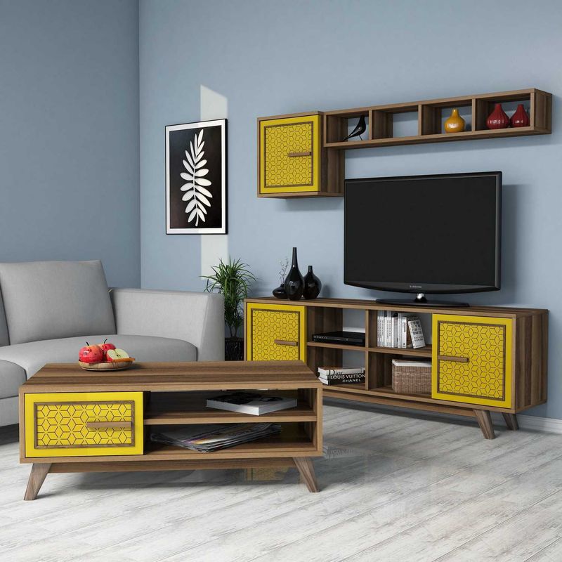 Casa si Gradina - Mobilier - Seturi de mobilier - Seturi living - Set mobilier living, Hanah Home, pal melaminat, nuc si galben, multiple dimensiuni - Infinity.ro
