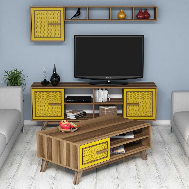 Casa si Gradina - Mobilier - Seturi de mobilier - Seturi living - Set mobilier living, Hanah Home, pal melaminat, nuc si galben, multiple dimensiuni - Infinity.ro
