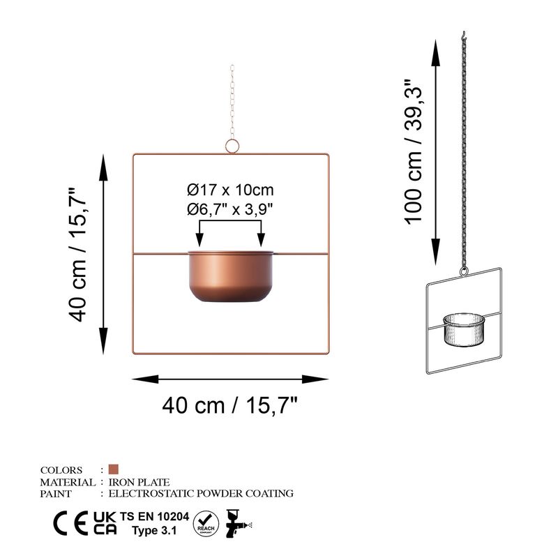 Casa si Gradina - Gradinarit si plante - Plante si ghivece - Ghivece si suporturi - Ghiveci decorativ suspendat, Aberto Design, metal, cupru, 40x40x17 cm - Infinity.ro