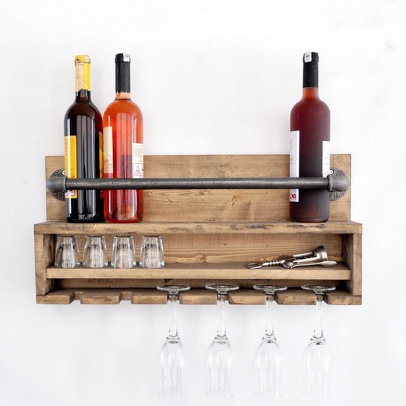 Casa si Gradina - Bucatarie si vesela - Accesorii bar - Suporturi bauturi - Raft cu tevi, Hanah Home, lemn de molid si metal, nuc si negru, 60x28x11 cm - Infinity.ro