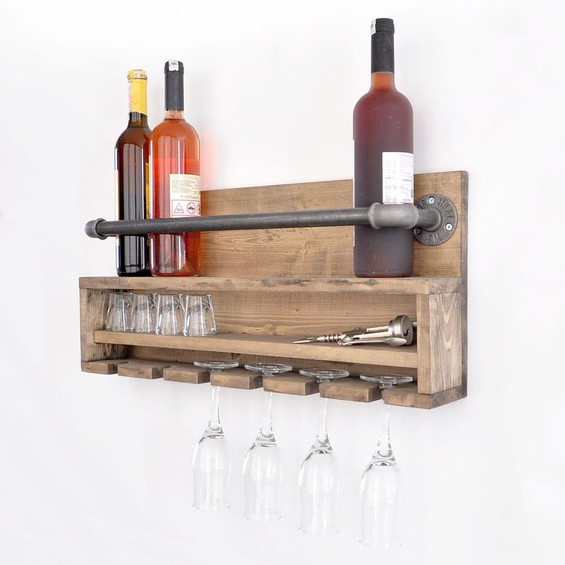 Casa si Gradina - Bucatarie si vesela - Accesorii bar - Suporturi bauturi - Raft cu tevi, Hanah Home, lemn de molid si metal, nuc si negru, 60x28x11 cm - Infinity.ro