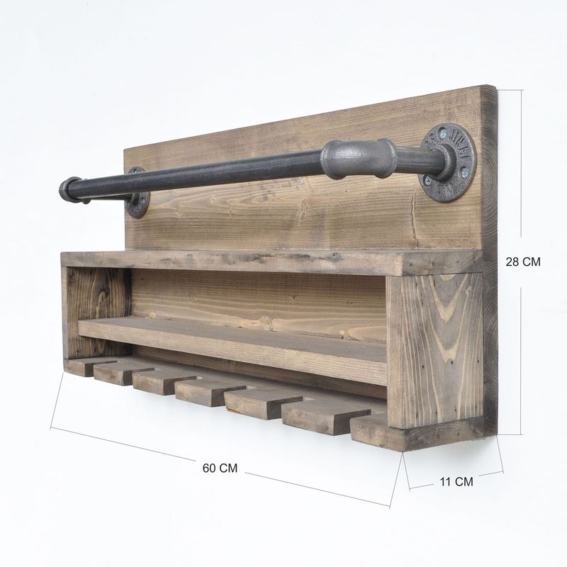 Casa si Gradina - Bucatarie si vesela - Accesorii bar - Suporturi bauturi - Raft cu tevi, Hanah Home, lemn de molid si metal, nuc si negru, 60x28x11 cm - Infinity.ro