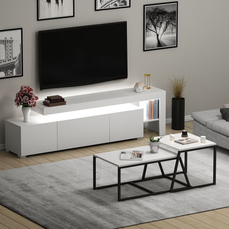 Casa si Gradina - Mobilier - Seturi de mobilier - Seturi living - Set living, Hanah Home, pal melaminat, alb, stand tv 192x53x37 cm, masute 88x38x50 cm si 57x45x55 cm - Infinity.ro