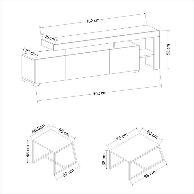 Casa si Gradina - Mobilier - Seturi de mobilier - Seturi living - Set living, Hanah Home, pal melaminat, alb, stand tv 192x53x37 cm, masute 88x38x50 cm si 57x45x55 cm - Infinity.ro