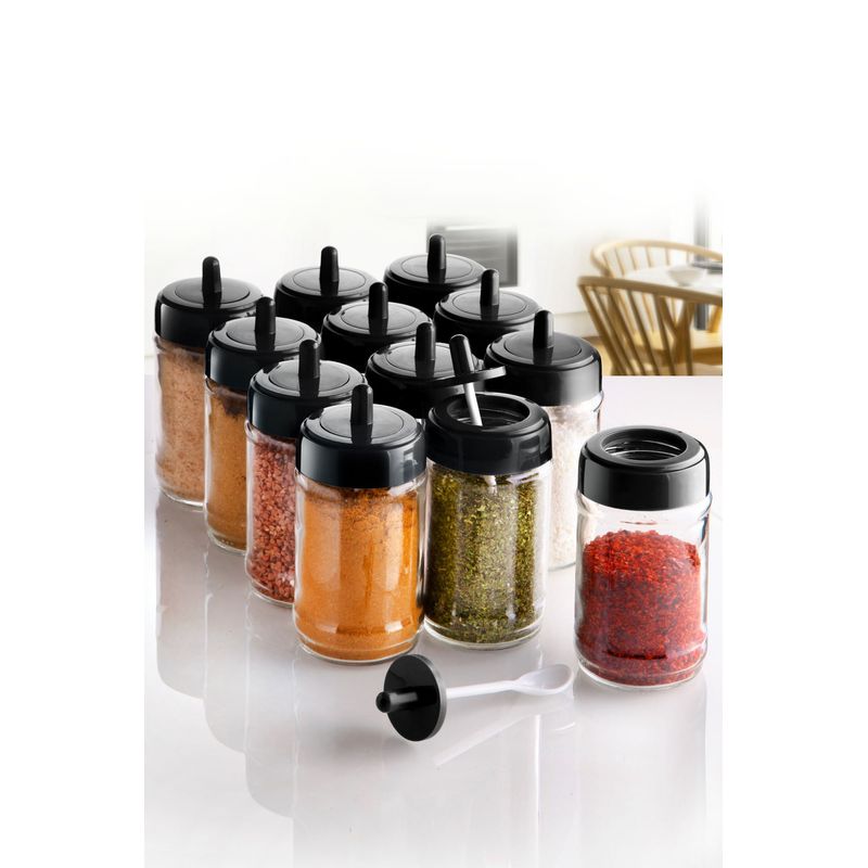 Casa si Gradina - Bucatarie si vesela - Organizare si depozitare bucatarie - Borcane si capace - Set borcane pentru condimente, Hermia, sticla, negru, 6,5x6,5x13 cm, 12 piese - Infinity.ro