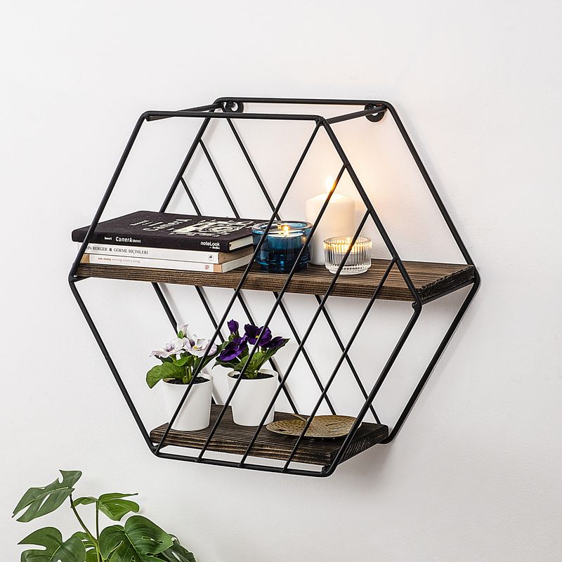 Casa si Gradina - Mobilier - Biblioteci si rafturi - Etajere - Etajera de perete, Hanah Home, lemn de molid si metal, negru si nuc inchis, 44x40x15 cm - Infinity.ro