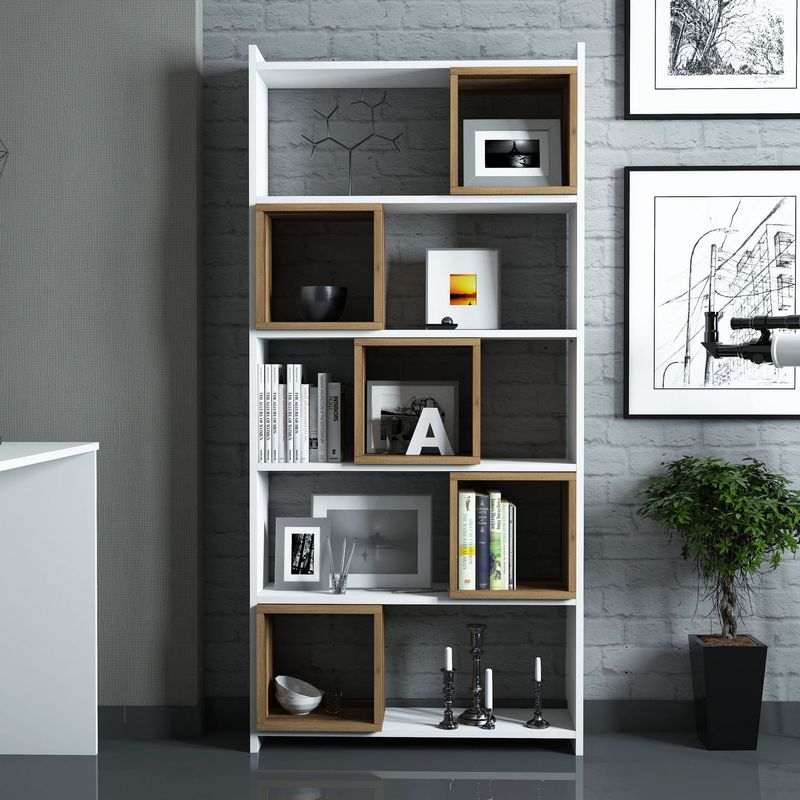 Casa si Gradina - Mobilier - Mese si birouri - Birouri - Birou cu biblioteca, Hanah Home, pal melaminat, alb si nuc, 120x65x75 cm - Infinity.ro