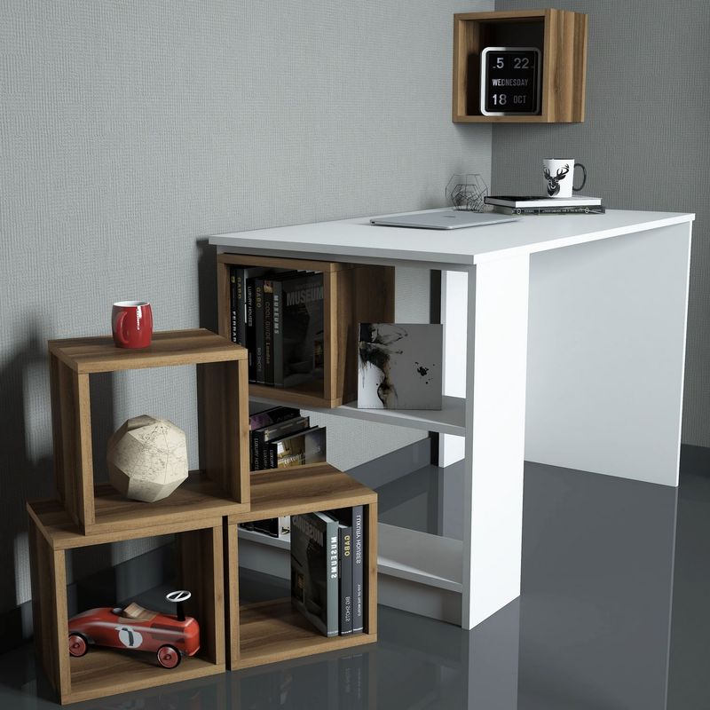 Casa si Gradina - Mobilier - Mese si birouri - Birouri - Birou cu biblioteca, Hanah Home, pal melaminat, alb si nuc, 120x65x75 cm - Infinity.ro