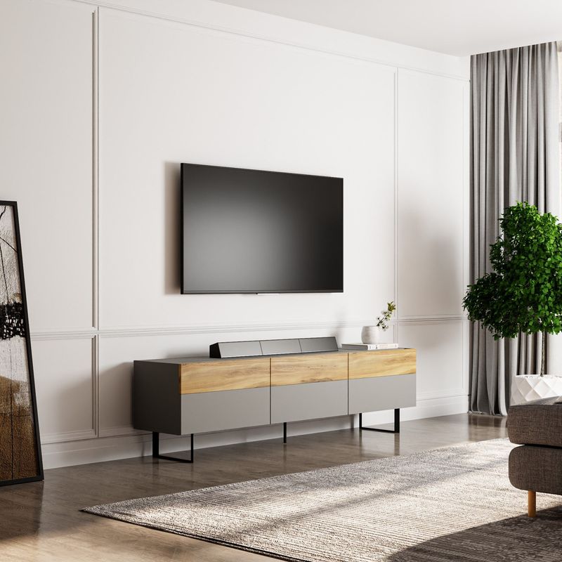 Casa si Gradina - Mobilier - Comode si corpuri - Comode - Comoda tv, Hanah Home, pal melaminat, gri si stejar, 180x49x37 cm - Infinity.ro