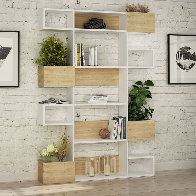 Casa si Gradina - Mobilier - Biblioteci si rafturi - Biblioteci - Biblioteca, Hanah Home, pal melaminat, alb si stejar, 120x25,3x171 cm - Infinity.ro