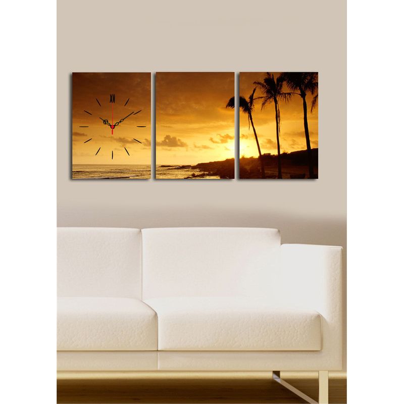 Casa si Gradina - Decoratiuni - Ceasuri - Ceas decorativ de perete, Wallxpert, panza de piele de caprioara, multicolor, 96x40 cm, set 3 piese - Infinity.ro