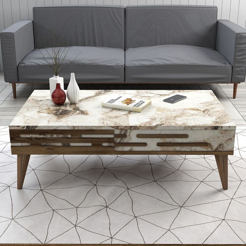 Casa si Gradina - Mobilier - Mese si birouri - Masute de cafea - Masuta de cafea, Hanah Home, pal melaminat, nuc, alb, marmura, 105x60x34.6 cm - Infinity.ro