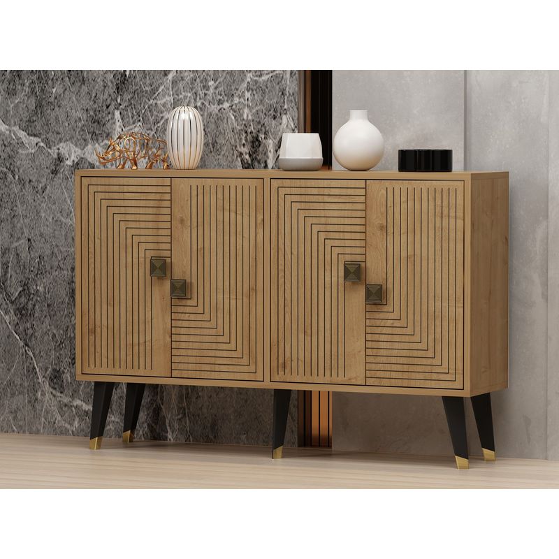 Casa si Gradina - Mobilier - Comode si corpuri - Console - Consola, Hanah Home, panou de particule cu melamina, stejar safir si auriu, 120x30x80 cm - Infinity.ro