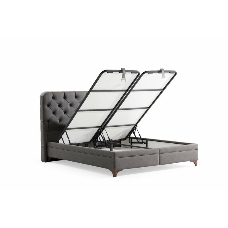 Casa si Gradina - Mobilier - Saltele si somiere - Somiere - Somiera dubla cu tablie, Hanah Home, pal melaminat, stofa nubuck, gri, 140x200 cm - Infinity.ro