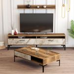 Casa si Gradina - Mobilier - Seturi de mobilier - Seturi living - Set living, Hanah Home, pal melaminat, nuc si alb, masa cafea 105x60x32.6 cm, comoda tv 180x35x47 cm, raft perete 120x16x11.8 cm - Infinity.ro
