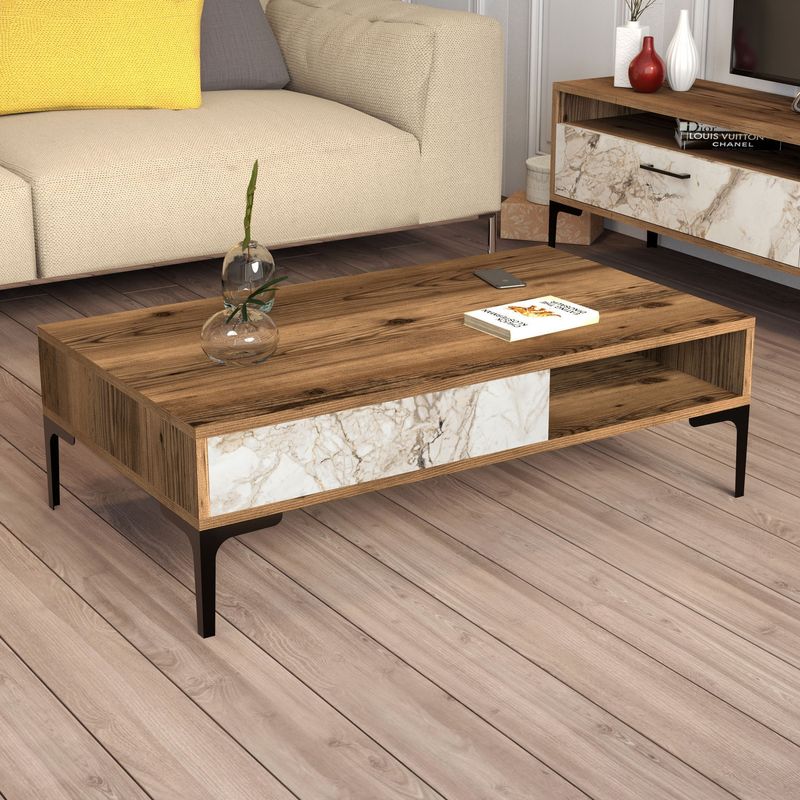 Casa si Gradina - Mobilier - Seturi de mobilier - Seturi living - Set living, Hanah Home, pal melaminat, nuc si alb, masa cafea 105x60x32.6 cm, comoda tv 180x35x47 cm, raft perete 120x16x11.8 cm - Infinity.ro