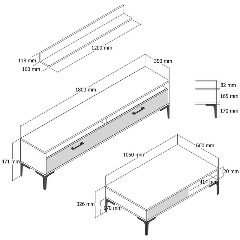 Casa si Gradina - Mobilier - Seturi de mobilier - Seturi living - Set living, Hanah Home, pal melaminat, nuc si alb, masa cafea 105x60x32.6 cm, comoda tv 180x35x47 cm, raft perete 120x16x11.8 cm - Infinity.ro