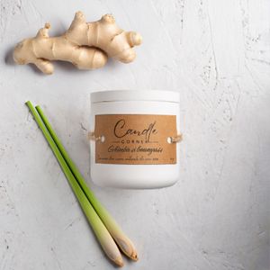 Lumanare handmade din ceara naturala de soia 100%, Ghimbie si lemongrass, Recipient ceramic alb, 150 g