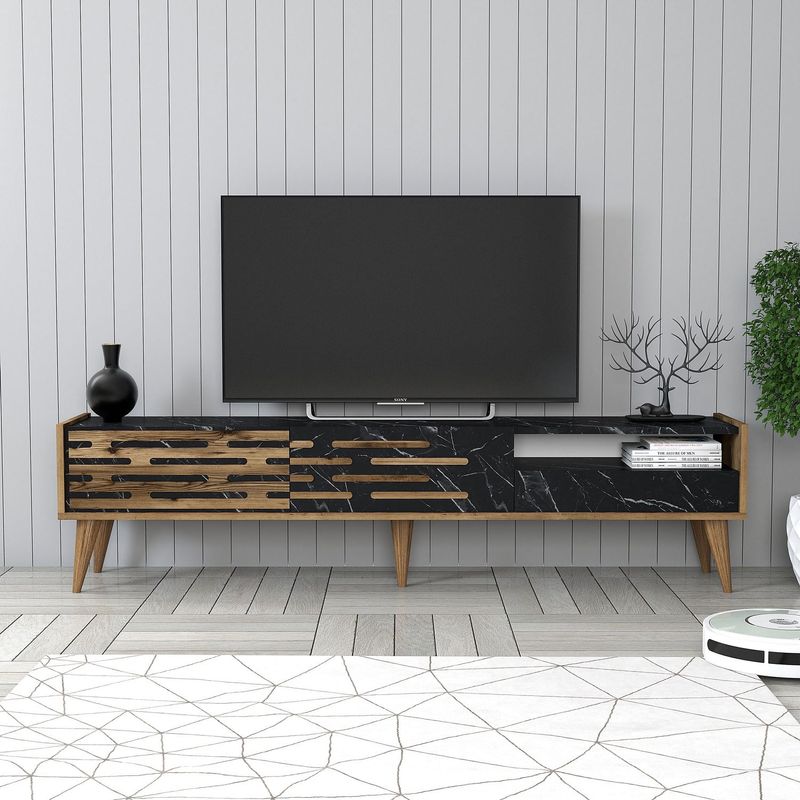 Casa si Gradina - Mobilier - Comode si corpuri - Comode - Comoda tv, Hanah Home, PAL melaminat, nuc, negru, marmura, 180x45x35 cm - Infinity.ro