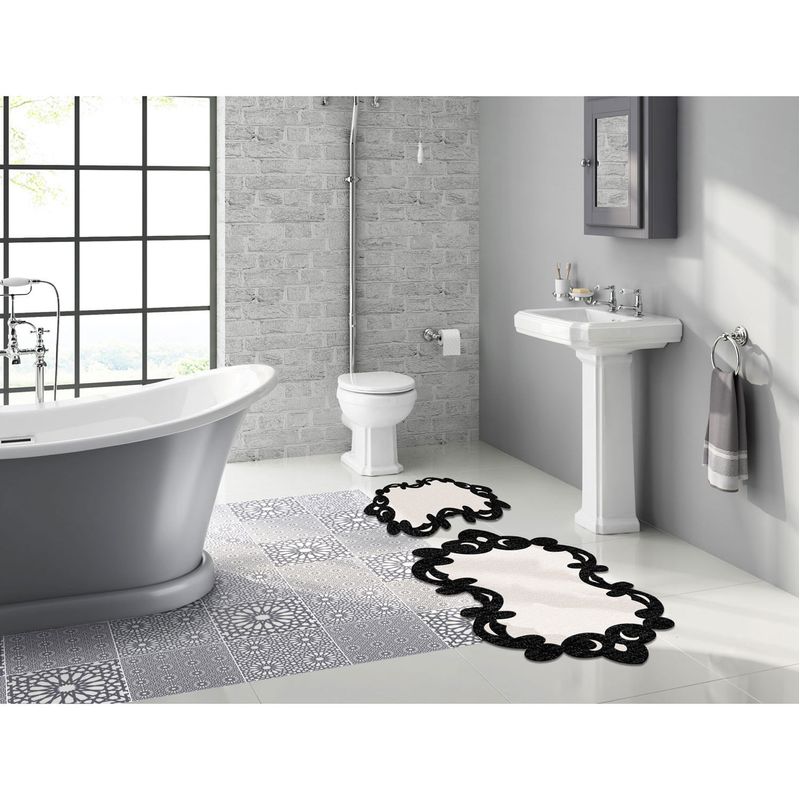 Casa si Gradina - Textile si covoare - Covoare - Covorase baie - Set covorase de baie, L'essentiel Maison, alb si negru, 50x60 cm si 60x100 cm, 100% poliester, antiderapant, 394ANR1613 - Infinity.ro