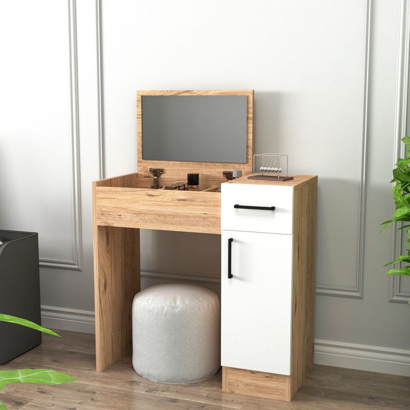Casa si Gradina - Mobilier - Comode si corpuri - Masute de toaleta - Masa de machiaj, Hanah Home, pal melaminat, pin atlantic si alb, 108.8x77x37.3 cm - Infinity.ro