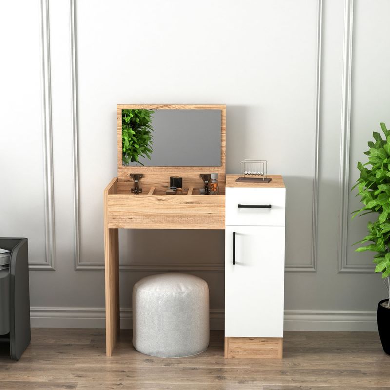 Casa si Gradina - Mobilier - Comode si corpuri - Masute de toaleta - Masa de machiaj, Hanah Home, pal melaminat, pin atlantic si alb, 108.8x77x37.3 cm - Infinity.ro