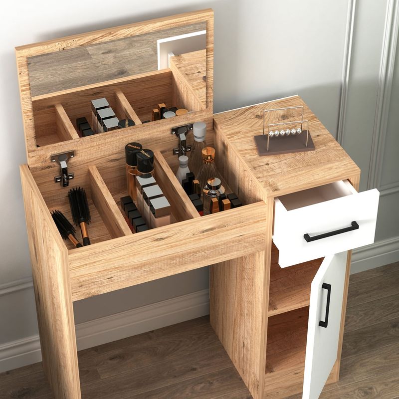 Casa si Gradina - Mobilier - Comode si corpuri - Masute de toaleta - Masa de machiaj, Hanah Home, pal melaminat, pin atlantic si alb, 108.8x77x37.3 cm - Infinity.ro