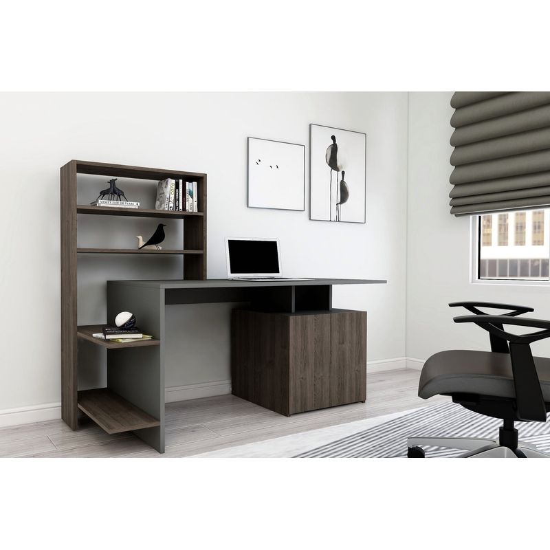 Casa si Gradina - Mobilier - Mese si birouri - Birouri - Birou de studiu, Hanah Home, pal melaminat, nuc, antracit, 146.3x73.8x60 cm - Infinity.ro