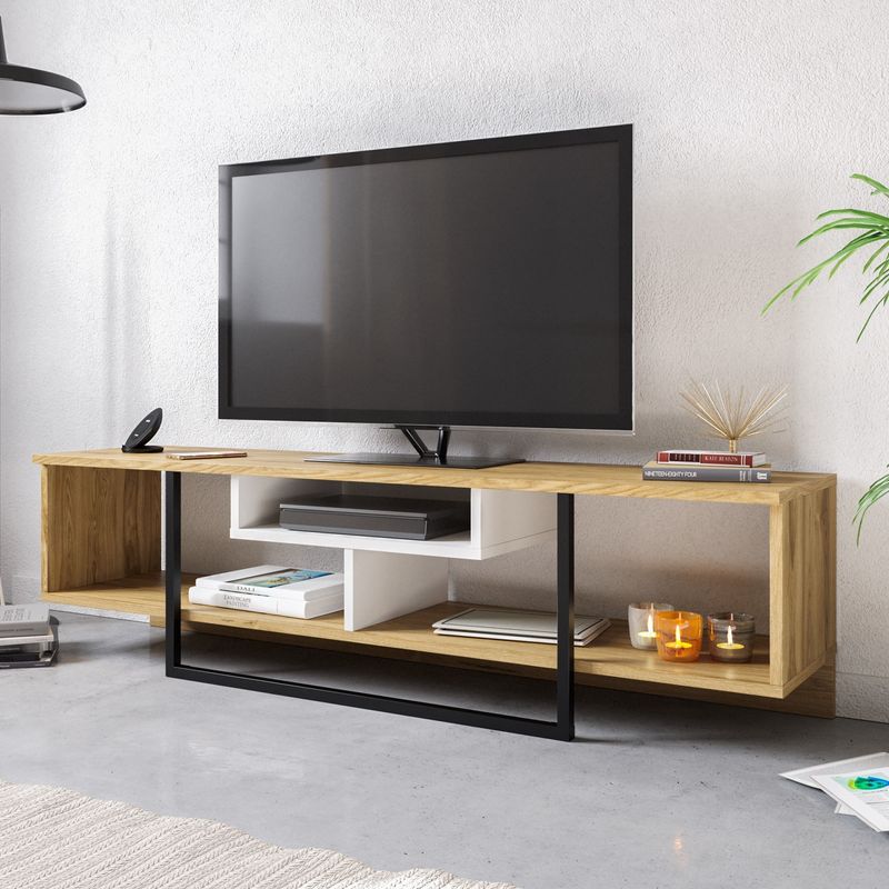 Casa si Gradina - Mobilier - Comode si corpuri - Comode - Comoda tv, Hanah Home, pal melaminat, alb, negru, stejar, 149.4x35.2x40.2 cm - Infinity.ro