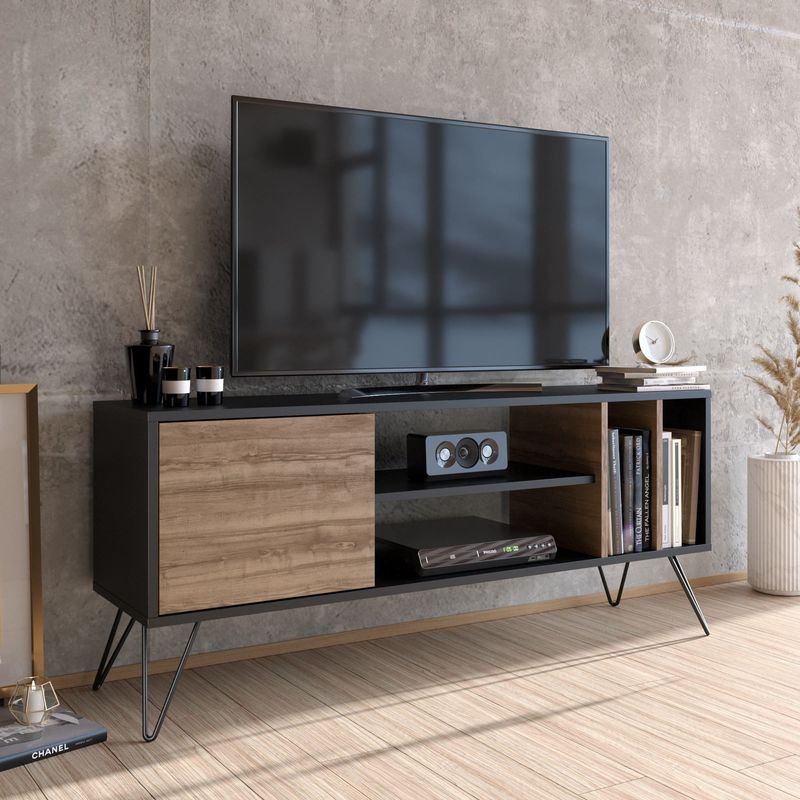 Casa si Gradina - Mobilier - Comode si corpuri - Comode - Comoda tv, Hanah Home, pal melaminat, nuc si negru, 140x35.5x58.7 cm - Infinity.ro