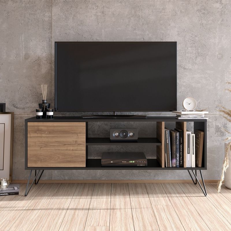 Casa si Gradina - Mobilier - Comode si corpuri - Comode - Comoda tv, Hanah Home, pal melaminat, nuc si negru, 140x35.5x58.7 cm - Infinity.ro