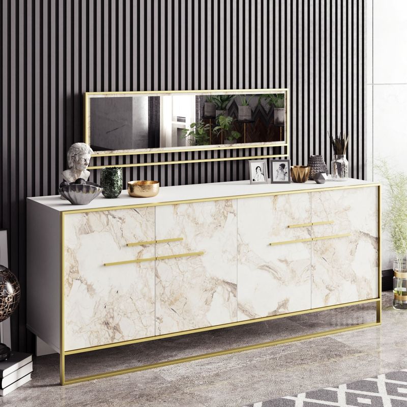 Casa si Gradina - Mobilier - Comode si corpuri - Console - Consola, Hanah Home, panou aglomerat cu melamina, auriu alb, 179.9x47.3x75 cm - Infinity.ro
