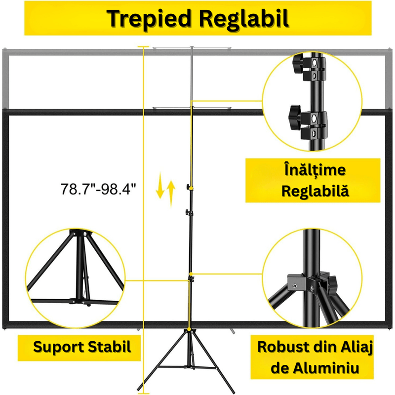 TV, Audio-Video si Foto - Videoproiectoare si accesorii - Ecrane proiectie - Ecran Proiectie 80", 4K UHD, 16:9, Reglabil 200-250cm, Unghi 160°, Portabil, Usor Instalare, Aluminiu, Home Cinema - Infinity.ro